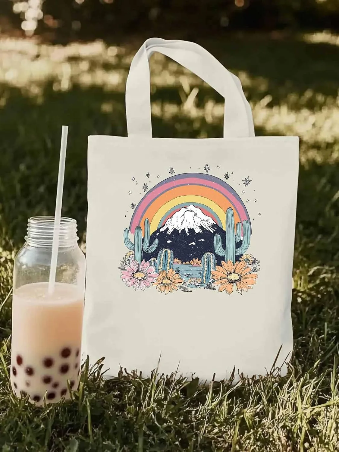 Canvas Tote Bag, Western Mountain Rainbow Cactus Flower patterned Canvas Tote Handbags for Women Shoulder Bag,
