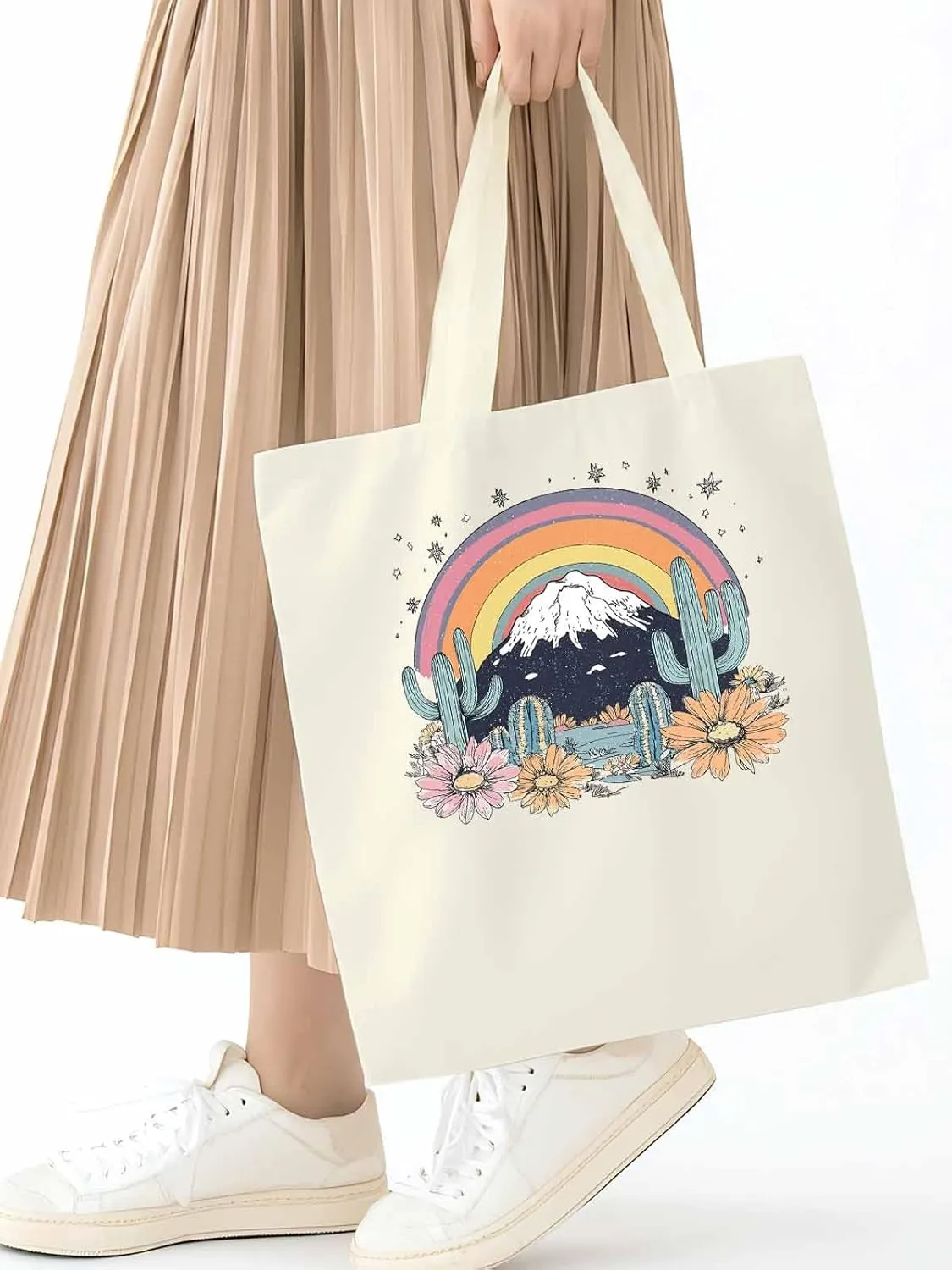 Canvas Tote Bag, Western Mountain Rainbow Cactus Flower patterned Canvas Tote Handbags for Women Shoulder Bag,
