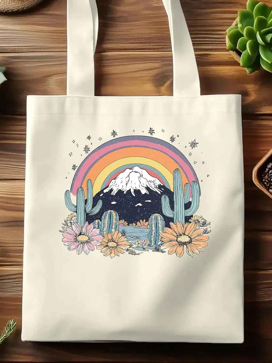 Canvas Tote Bag, Western Mountain Rainbow Cactus Flower patterned Canvas Tote Handbags for Women Shoulder Bag,