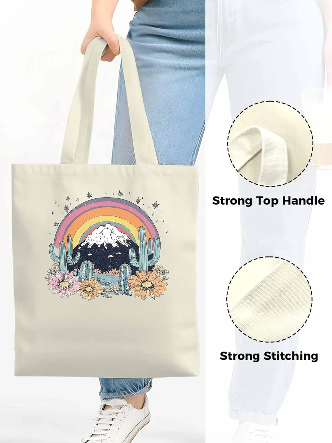Canvas Tote Bag, Western Mountain Rainbow Cactus Flower patterned Canvas Tote Handbags for Women Shoulder Bag,