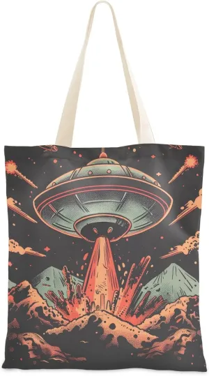 Canvas Tote Bags Alien Spaceship in The Crater Multi-Purpose Reusable Canvas Bags Use for Grocery Bags,Shopping Bags,Gift Bags