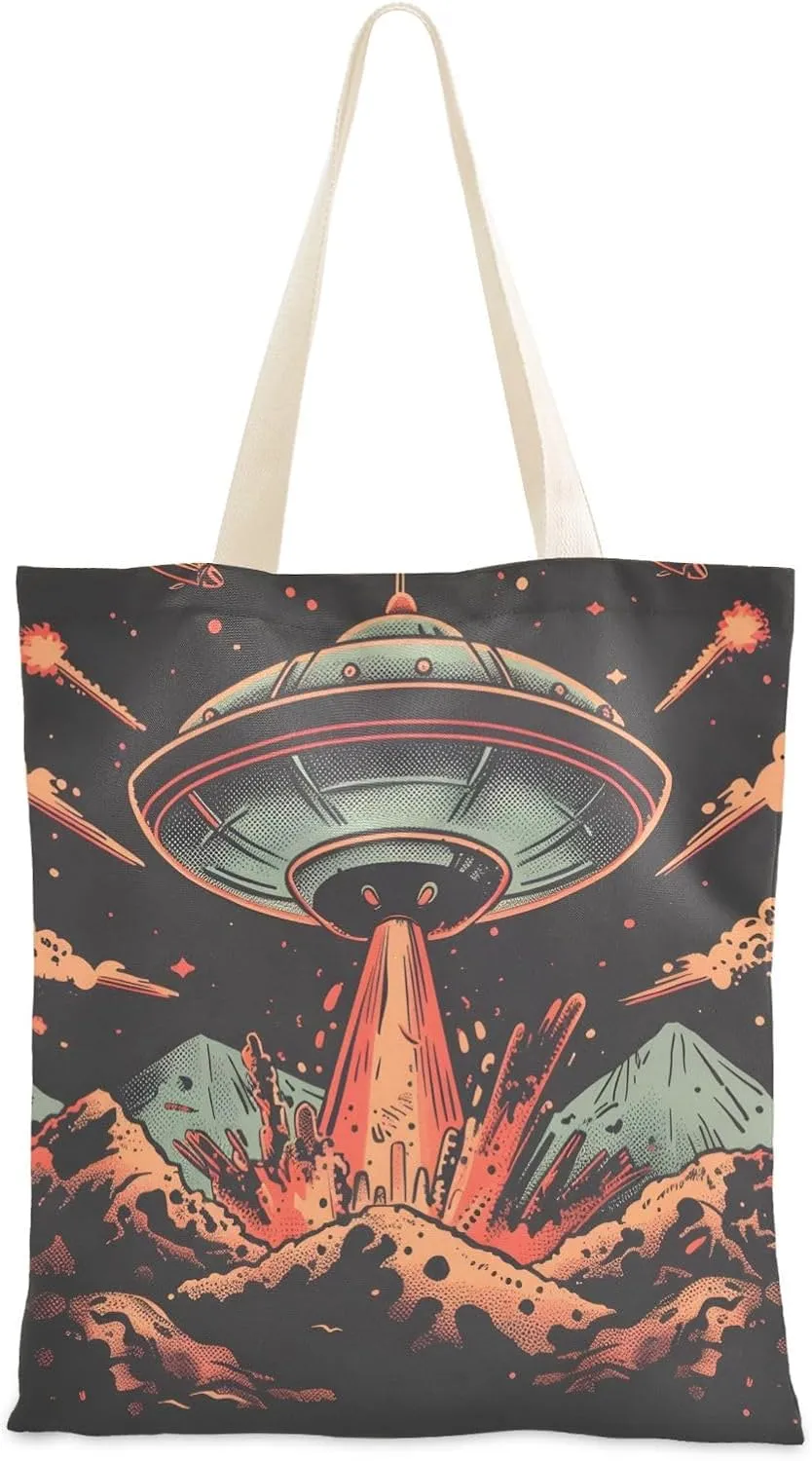 Canvas Tote Bags Alien Spaceship in The Crater Multi-Purpose Reusable Canvas Bags Use for Grocery Bags,Shopping Bags,Gift Bags