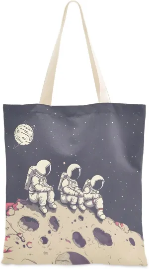 Canvas Tote Bags Astronaut Sitting in The Crater Multi-Purpose Reusable Canvas Bags Use for Grocery Bags,Shopping Bags,Gift Bags