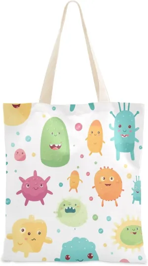 Canvas Tote Bags Cartoon Colorful Bacterial Multi-Purpose Reusable Canvas Bags Use for Grocery Bags,Shopping Bags,Gift Bags