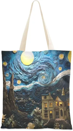 Canvas Tote Bags Colorful Impressionist Night Sky Landscape Multi-Purpose Reusable Canvas Bags Use for Grocery Bags,Shopping Bags,Gift Bags