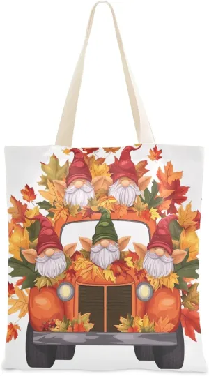 Canvas Tote Bags Dwarf in Car with Autumn Leaves Multi-Purpose Reusable Canvas Bags Use for Grocery Bags,Shopping Bags,Gift Bags