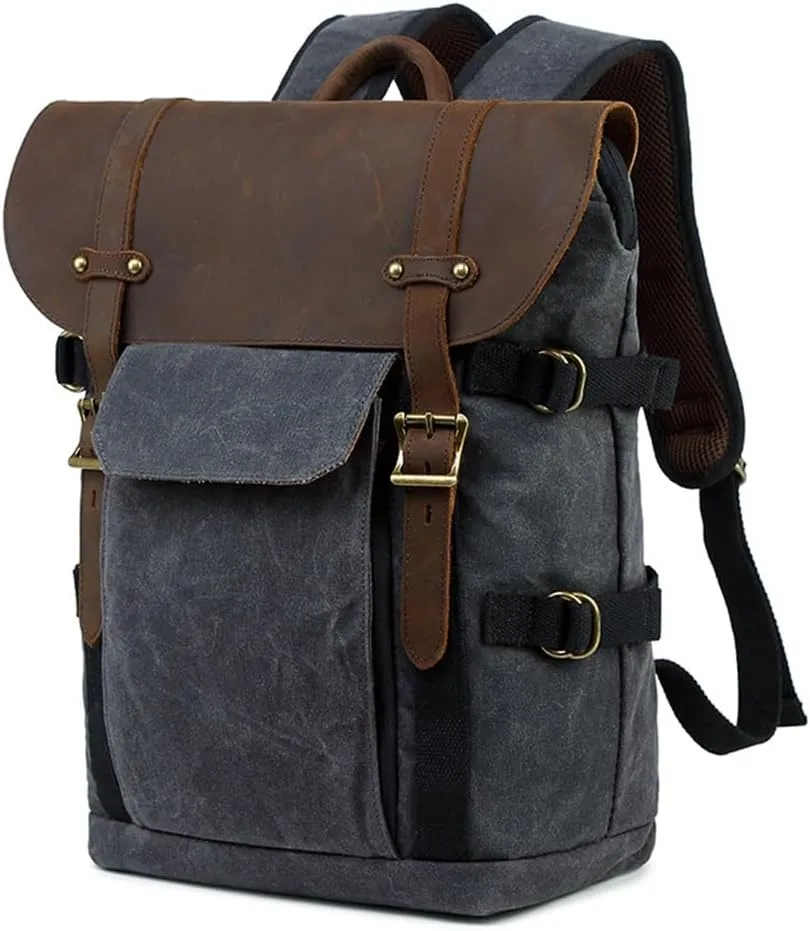Canvas with Crazy Horse Cowhide Multi-Function SLR Camera Bag Shoulder Camera Bag Outdoor Leisure Backpack(Black)