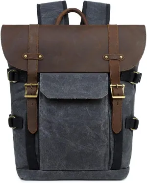 Canvas with Crazy Horse Cowhide Multi-Function SLR Camera Bag Shoulder Camera Bag Outdoor Leisure Backpack(Black)