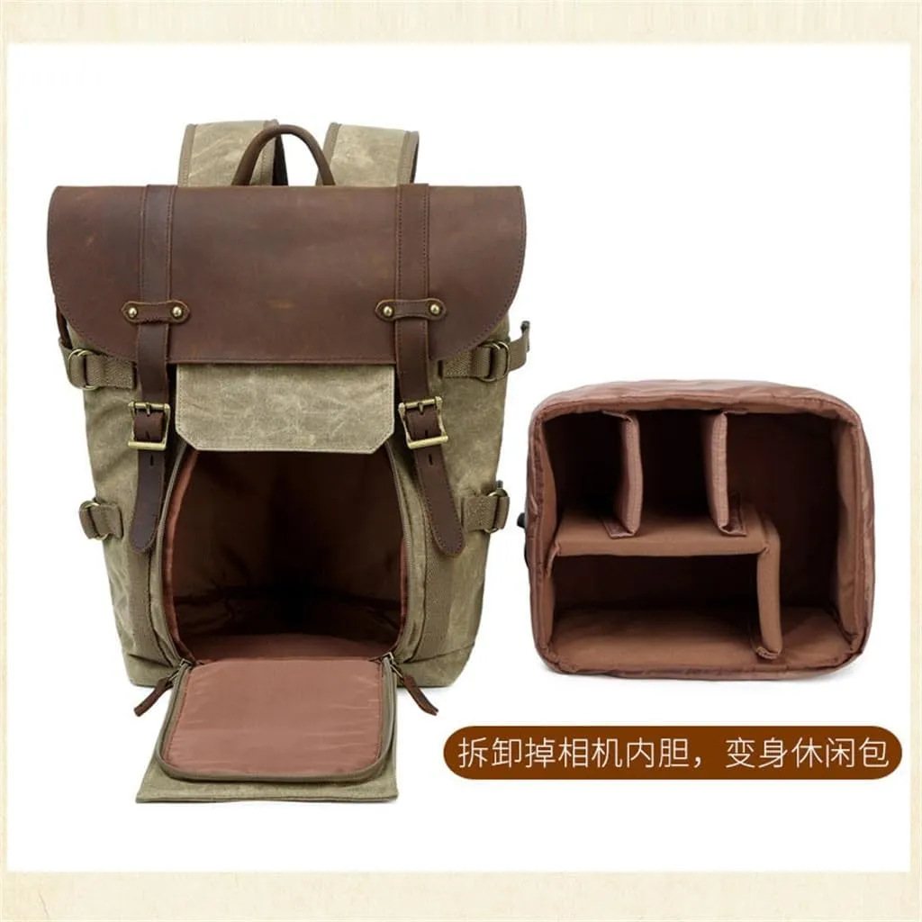 Canvas with Crazy Horse Cowhide Multi-Function SLR Camera Bag Shoulder Camera Bag Outdoor Leisure Backpack(Black)