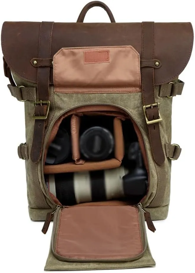 Canvas with Crazy Horse Cowhide Multi-Function SLR Camera Bag Shoulder Camera Bag Outdoor Leisure Backpack(Black)