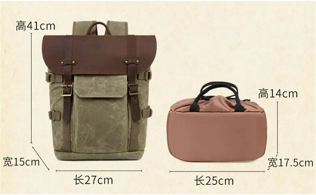 Canvas with Crazy Horse Cowhide Multi-Function SLR Camera Bag Shoulder Camera Bag Outdoor Leisure Backpack(D)