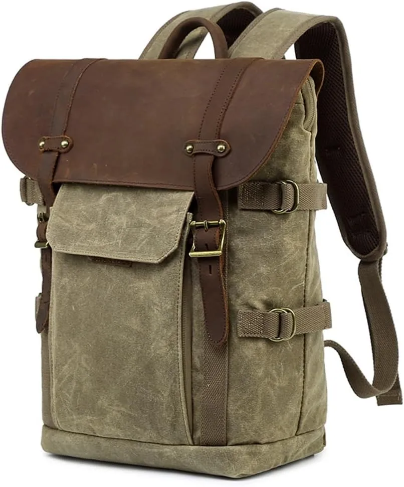 Canvas with Crazy Horse Cowhide Multi-Function SLR Camera Bag Shoulder Camera Bag Outdoor Leisure Backpack(D)