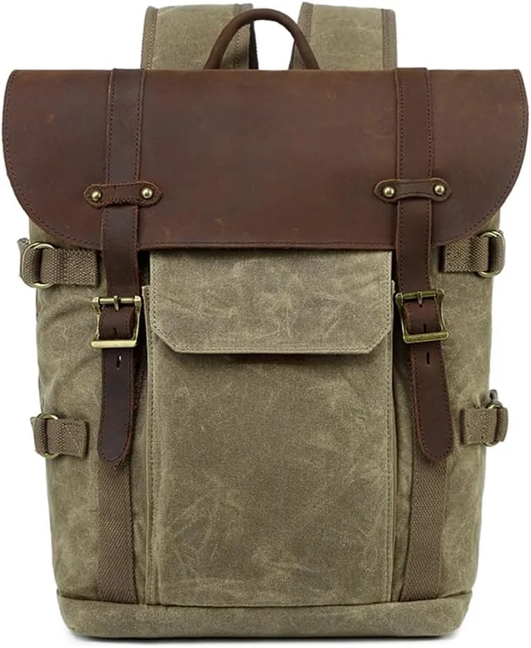 Canvas with Crazy Horse Cowhide Multi-Function SLR Camera Bag Shoulder Camera Bag Outdoor Leisure Backpack(D)