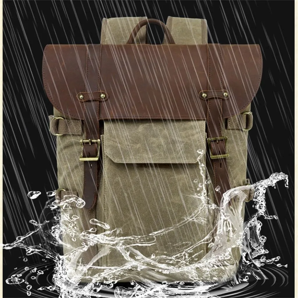 Canvas with Crazy Horse Cowhide Multi-Function SLR Camera Bag Shoulder Camera Bag Outdoor Leisure Backpack(D)