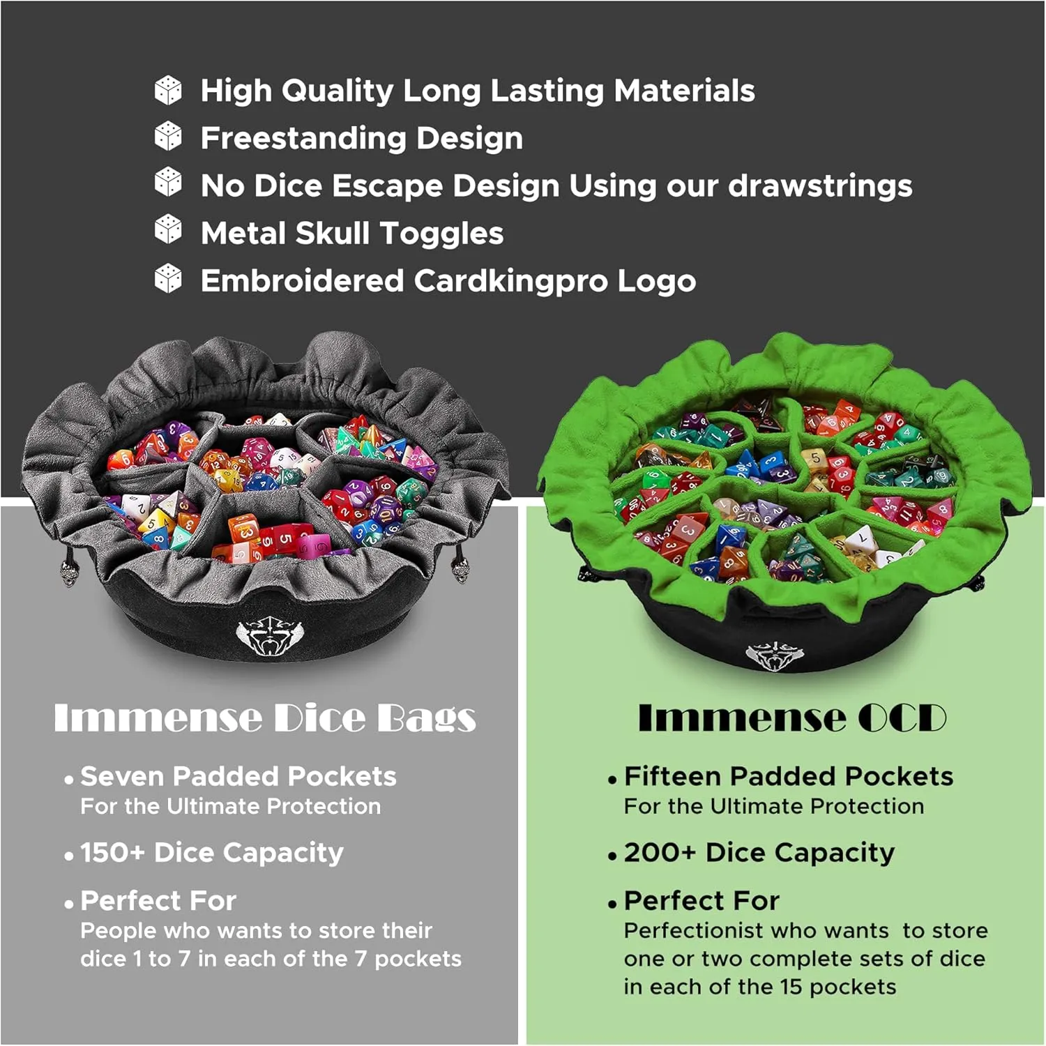 CardKingPro Immense Dice Bags with Pockets - Black - Capacity 150  Dice - Great Organizer for Dice Hoarders, Perfect For Dungeons and Dragons [Patented Design]