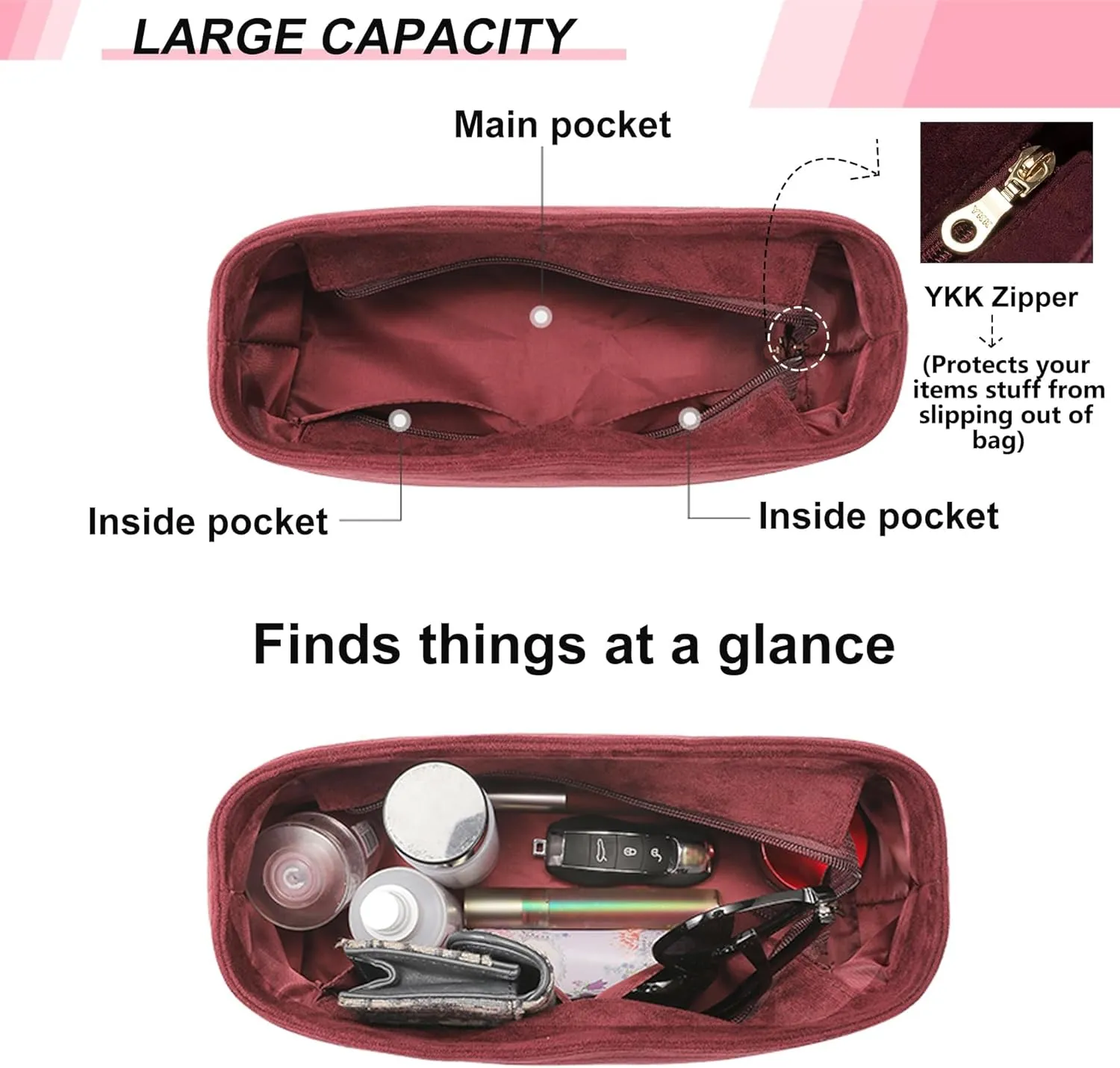Carryall MM Insert Organizer, Velvet Bag Organizer Insert for Tote, Fit lv Carryall and More, Sturdy Gold Zipper, Pecfect for Handbag Shaped & Organized(Medium,Red)