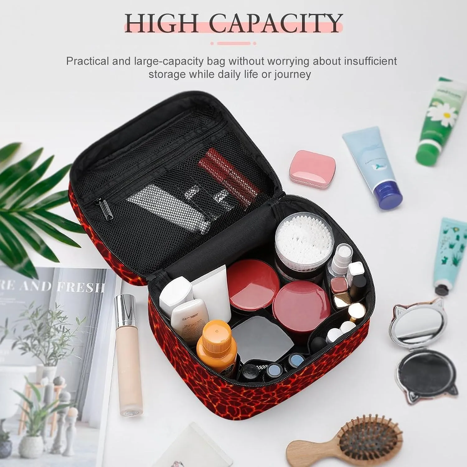 Cartoon Games Red Lava Print Makeup Bags For Women Travel Cosmetic Bag Large Waterproof Skincare Toiletry Bags With Handle Cosmetic Organizer Portable Make Up Box For Wedding Party