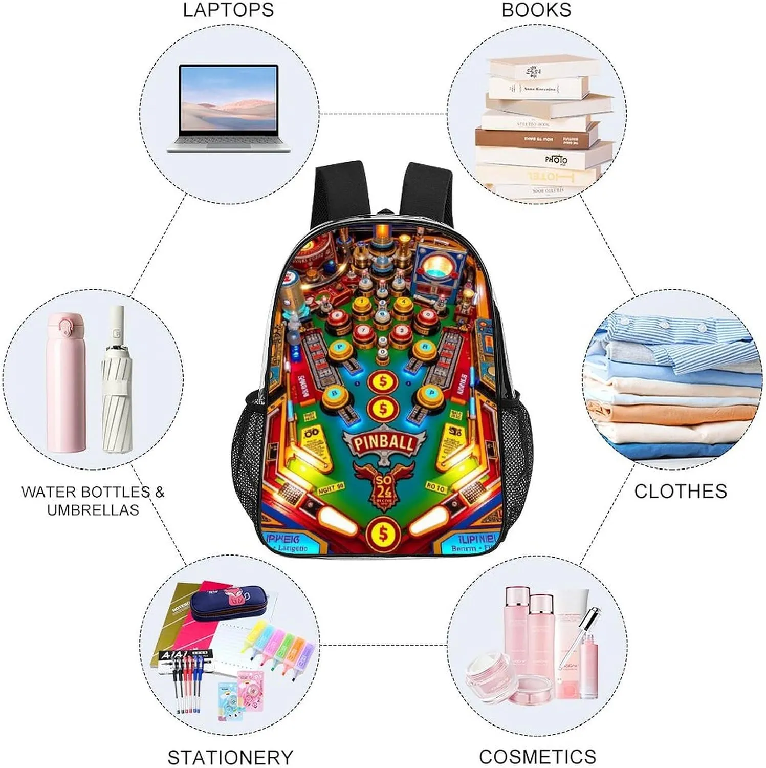 Cartoon Pinball Orange Daypack Backpack Transparent Multipurpose Anti-Theft Shoulder Bag Big Capacity Gym Outdoor Hiking Backpack With Smooth Zippers