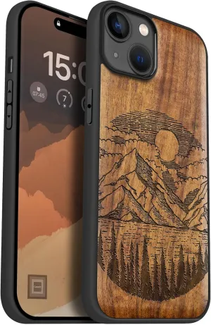 Carveit Magnetic Wooden Case for iPhone 15 Plus Case, Compatible with MagSafe Wireless Chargers, Black Soft TPU Shockproof Cover & Wood Artisan Engraved (Alpine Lake) - Walnut