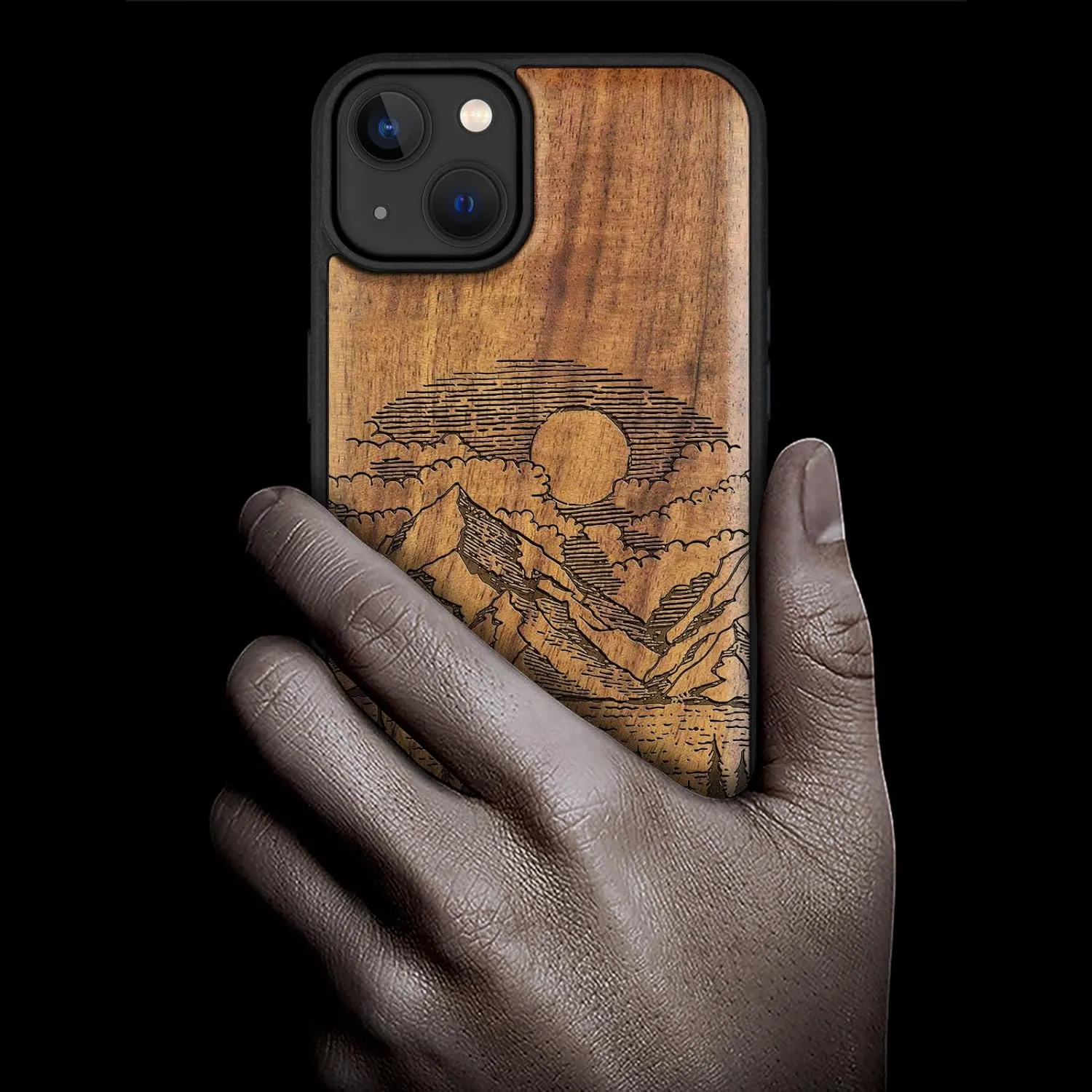 Carveit Magnetic Wooden Case for iPhone 15 Plus Case, Compatible with MagSafe Wireless Chargers, Black Soft TPU Shockproof Cover & Wood Artisan Engraved (Alpine Lake) - Walnut