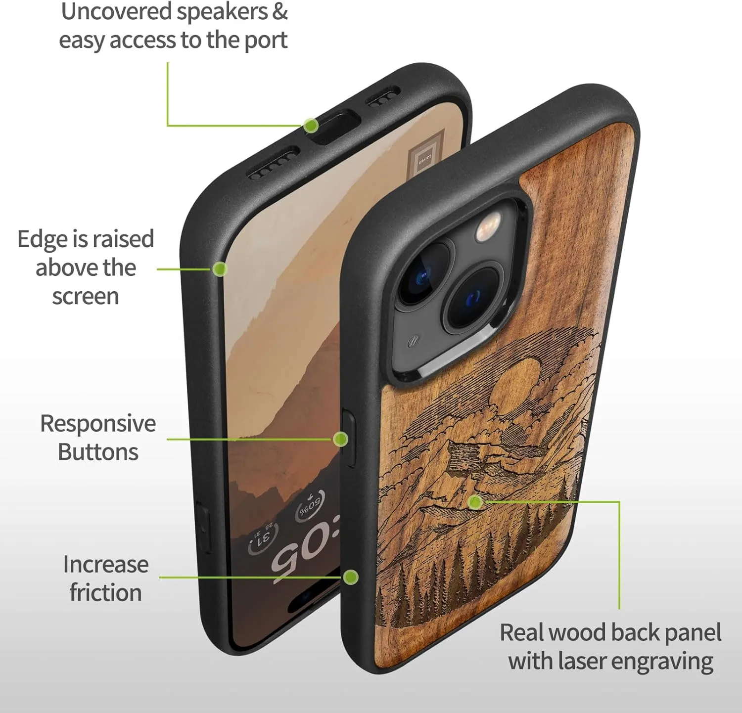 Carveit Magnetic Wooden Case for iPhone 15 Plus Case, Compatible with MagSafe Wireless Chargers, Black Soft TPU Shockproof Cover & Wood Artisan Engraved (Alpine Lake) - Walnut