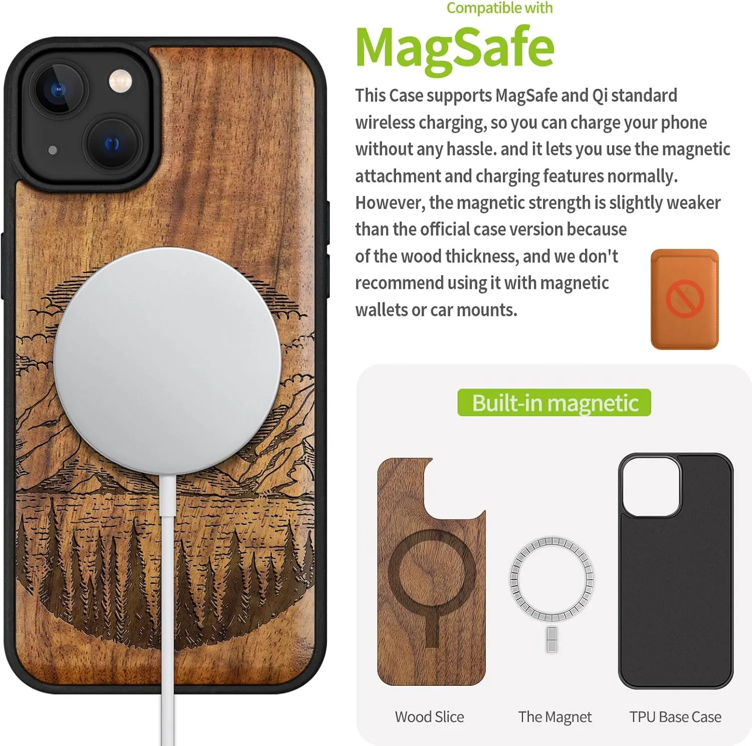 Carveit Magnetic Wooden Case for iPhone 15 Plus Case, Compatible with MagSafe Wireless Chargers, Black Soft TPU Shockproof Cover & Wood Artisan Engraved (Alpine Lake) - Walnut