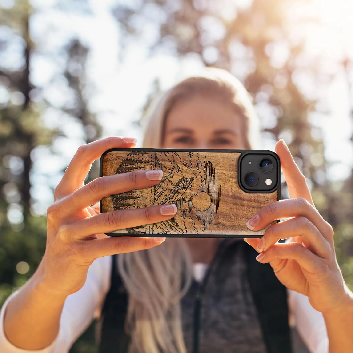 Carveit Magnetic Wooden Case for iPhone 15 Plus Case, Compatible with MagSafe Wireless Chargers, Black Soft TPU Shockproof Cover & Wood Artisan Engraved (Alpine Lake) - Walnut