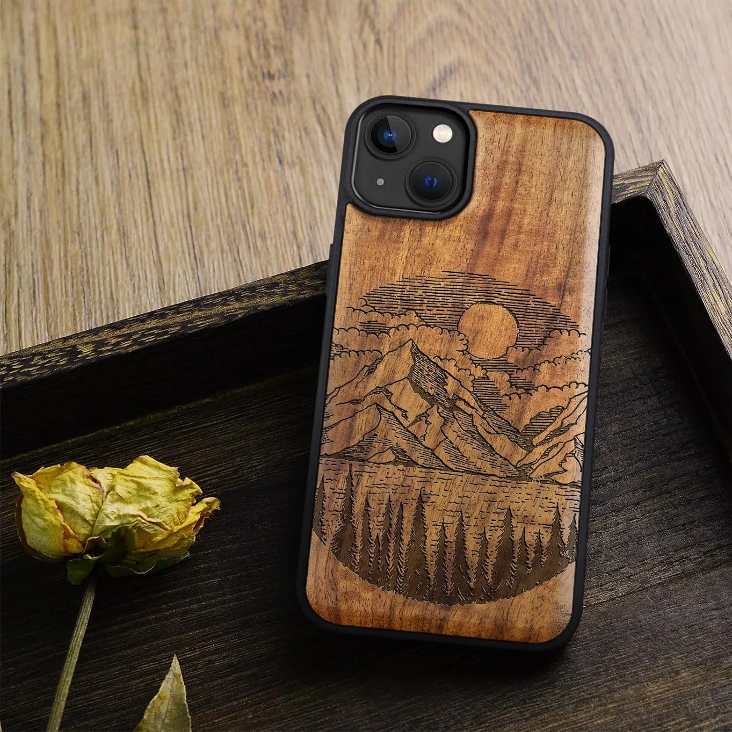 Carveit Magnetic Wooden Case for iPhone 15 Plus Case, Compatible with MagSafe Wireless Chargers, Black Soft TPU Shockproof Cover & Wood Artisan Engraved (Alpine Lake) - Walnut