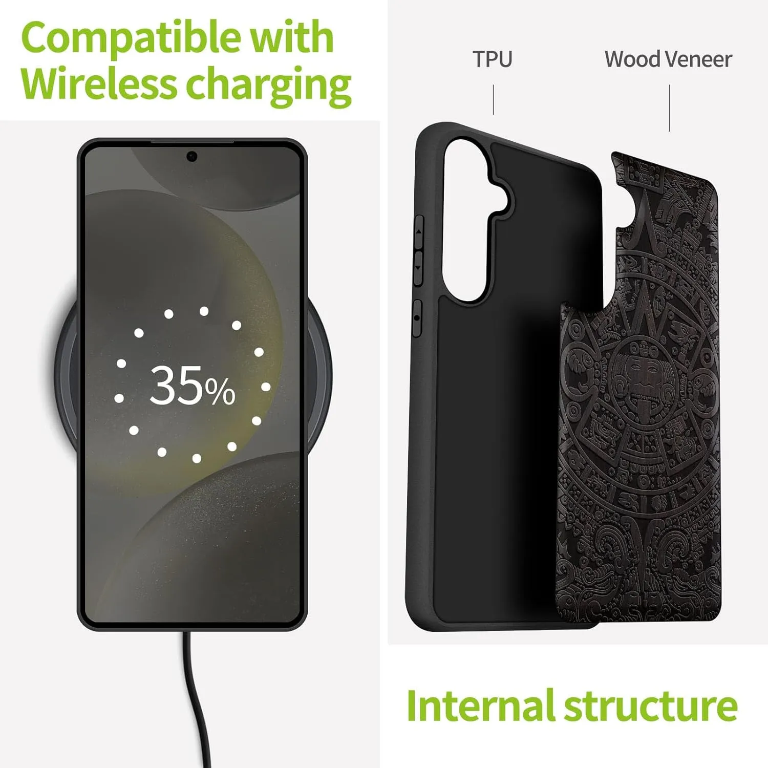 Carveit Wood Case for Galaxy S25 Case 2025 [Natural Wood & Black Soft TPU] Shockproof Protective Cover Unique Wooden Design Compatible with Samsung S25 (The Maya Calendar-Blackwood)