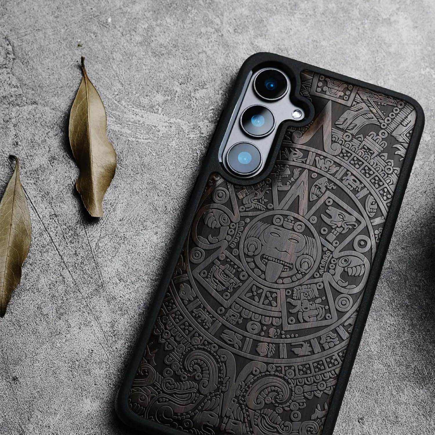 Carveit Wood Case for Galaxy S25 Case 2025 [Natural Wood & Black Soft TPU] Shockproof Protective Cover Unique Wooden Design Compatible with Samsung S25 (The Maya Calendar-Blackwood)