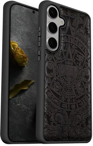 Carveit Wood Case for Galaxy S25 Case 2025 [Natural Wood & Black Soft TPU] Shockproof Protective Cover Unique Wooden Design Compatible with Samsung S25 (The Maya Calendar-Blackwood)