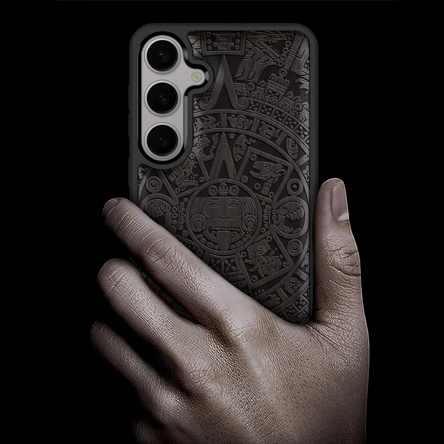 Carveit Wood Case for Galaxy S25 Case 2025 [Natural Wood & Black Soft TPU] Shockproof Protective Cover Unique Wooden Design Compatible with Samsung S25 (The Maya Calendar-Blackwood)
