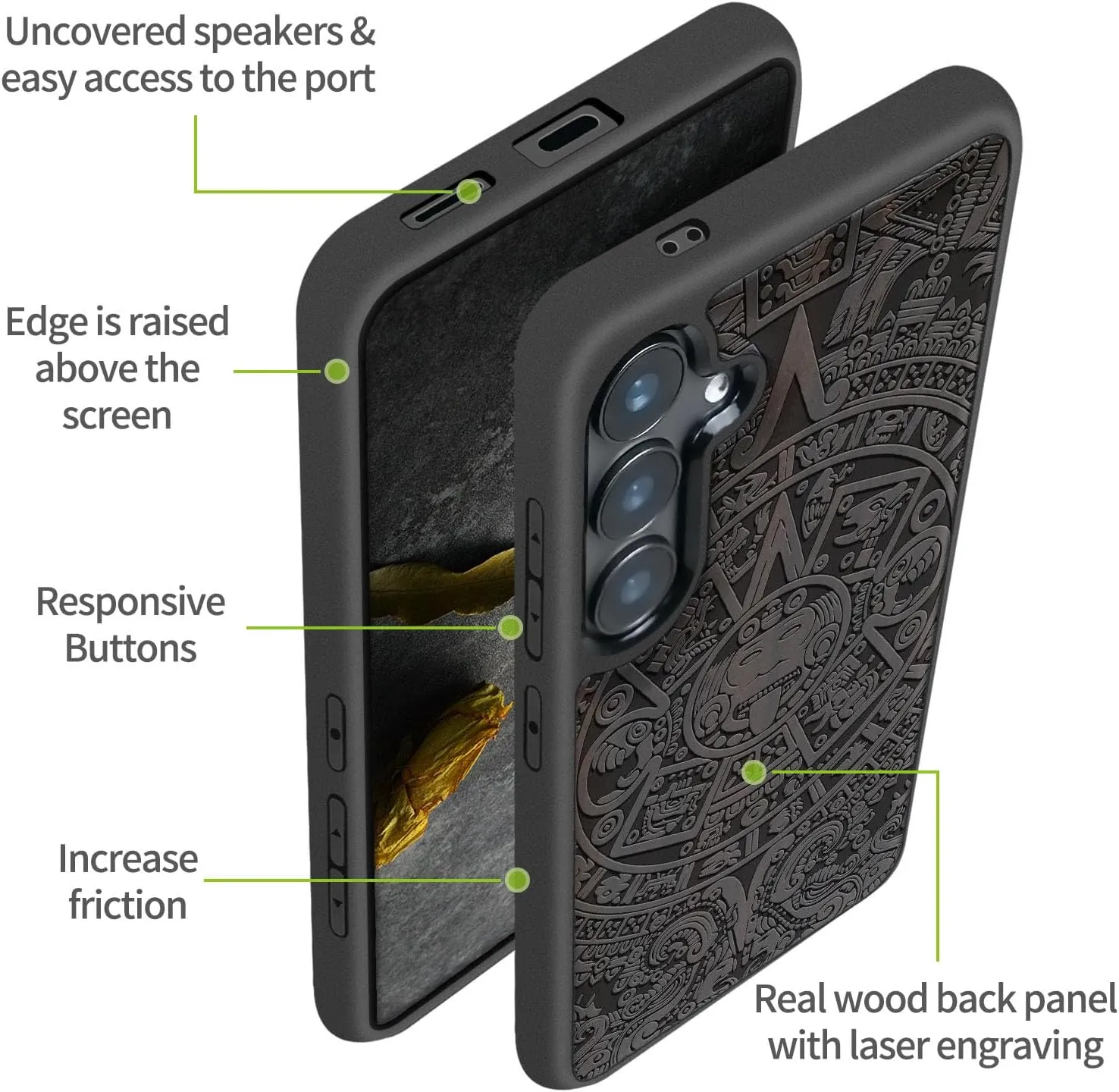 Carveit Wood Case for Galaxy S25 Case 2025 [Natural Wood & Black Soft TPU] Shockproof Protective Cover Unique Wooden Design Compatible with Samsung S25 (The Maya Calendar-Blackwood)