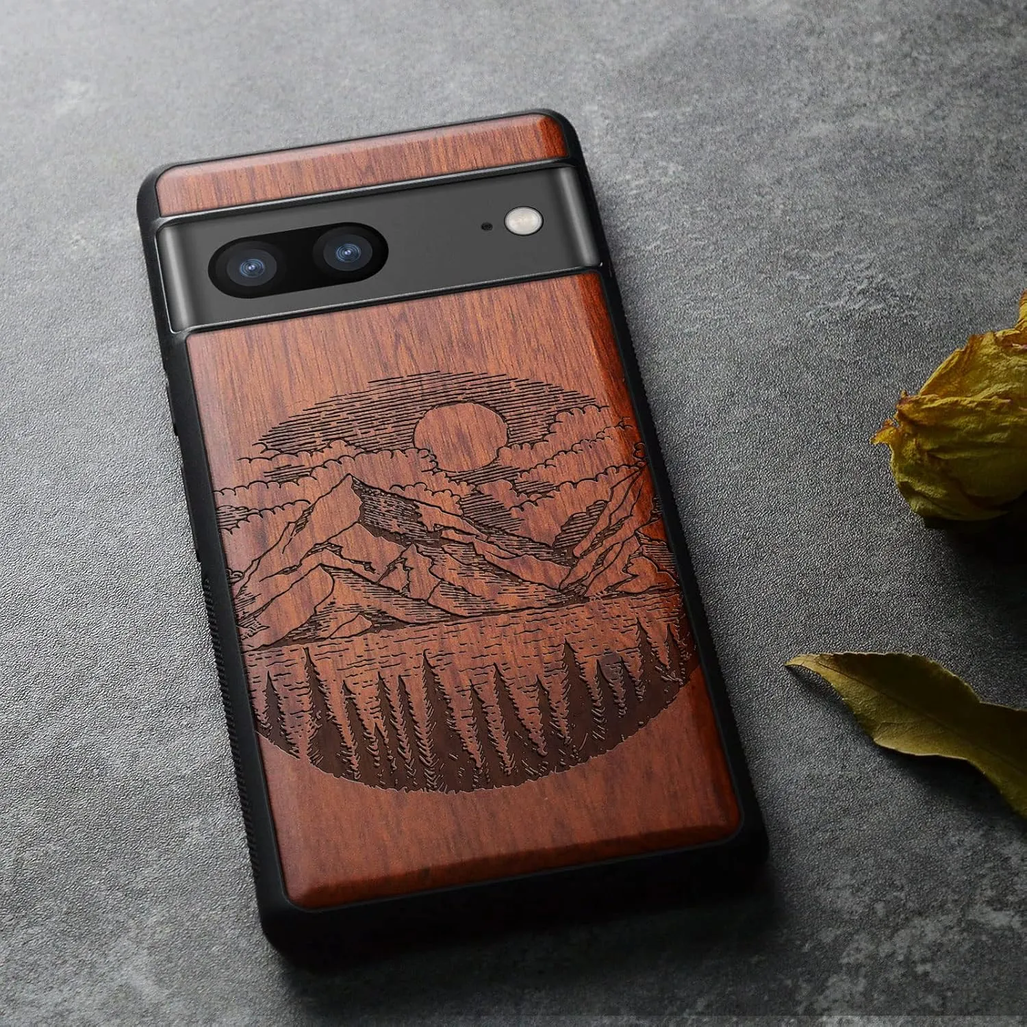 Carveit Wood Case for Pixel 7a Case [Natural Wood & Black Soft TPU] Shockproof Protective Unique & Classy Wooden Phone Cover Compatible with Google Pixel 7a (Alpine Lake-Rosy)