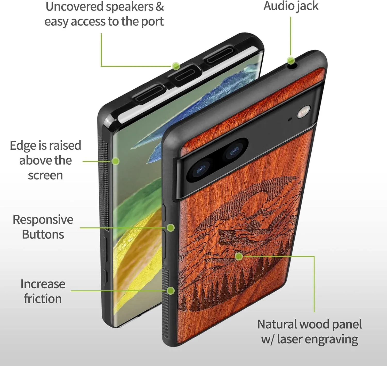 Carveit Wood Case for Pixel 7a Case [Natural Wood & Black Soft TPU] Shockproof Protective Unique & Classy Wooden Phone Cover Compatible with Google Pixel 7a (Alpine Lake-Rosy)