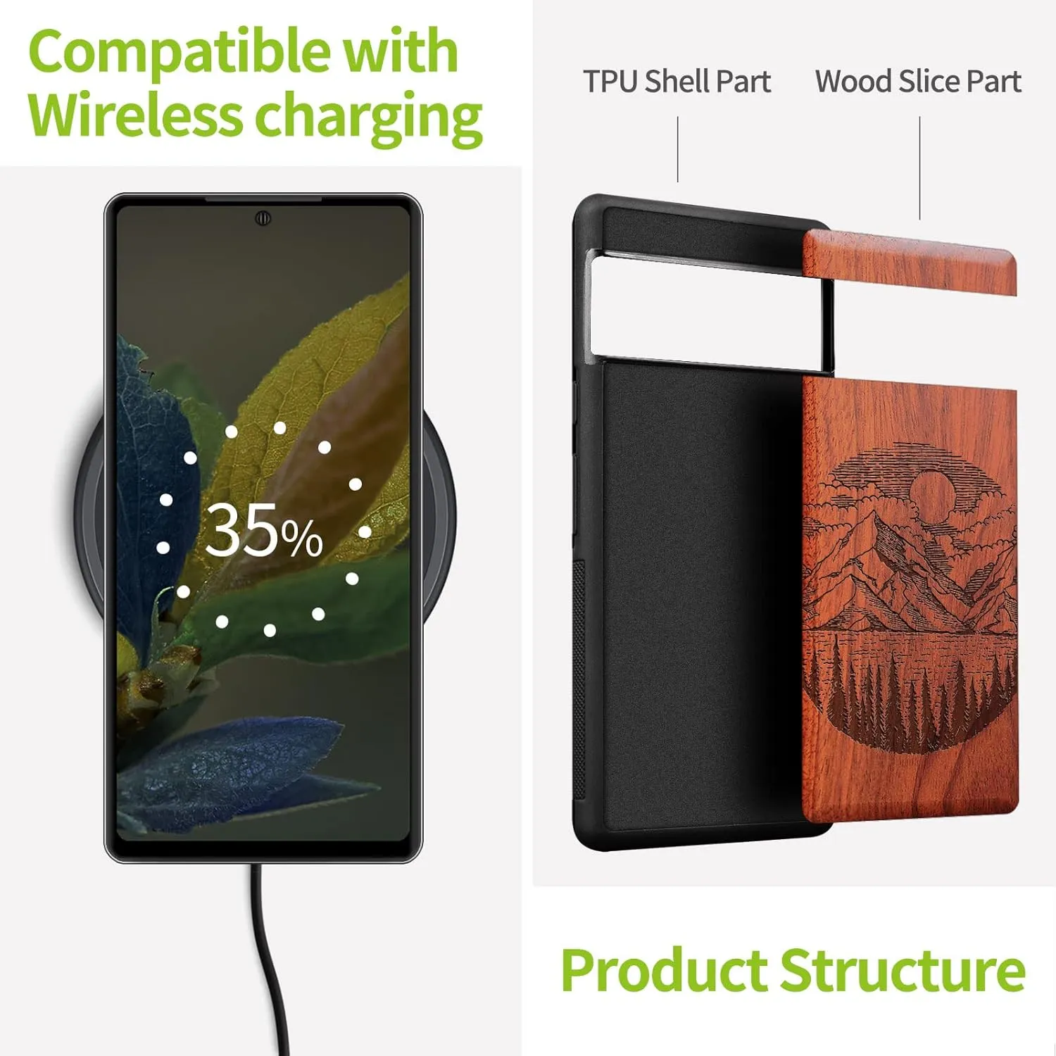 Carveit Wood Case for Pixel 7a Case [Natural Wood & Black Soft TPU] Shockproof Protective Unique & Classy Wooden Phone Cover Compatible with Google Pixel 7a (Alpine Lake-Rosy)