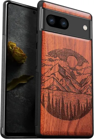 Carveit Wood Case for Pixel 7a Case [Natural Wood & Black Soft TPU] Shockproof Protective Unique & Classy Wooden Phone Cover Compatible with Google Pixel 7a (Alpine Lake-Rosy)