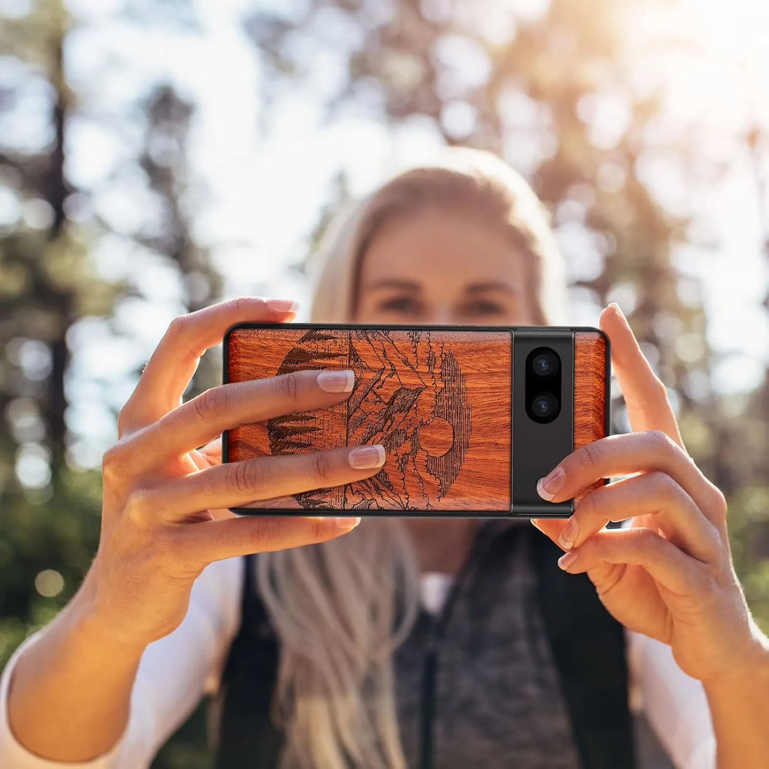 Carveit Wood Case for Pixel 7a Case [Natural Wood & Black Soft TPU] Shockproof Protective Unique & Classy Wooden Phone Cover Compatible with Google Pixel 7a (Alpine Lake-Rosy)
