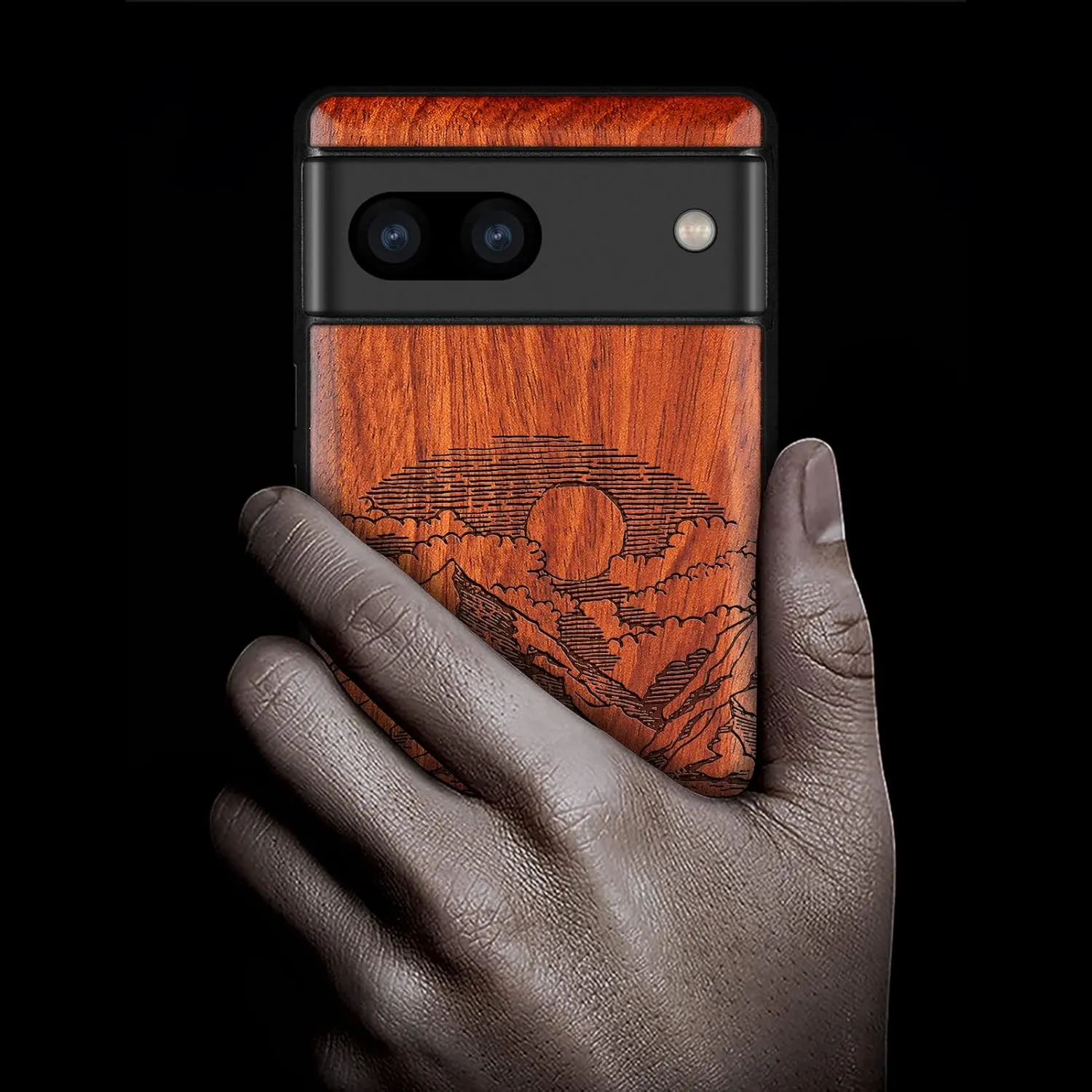 Carveit Wood Case for Pixel 7a Case [Natural Wood & Black Soft TPU] Shockproof Protective Unique & Classy Wooden Phone Cover Compatible with Google Pixel 7a (Alpine Lake-Rosy)