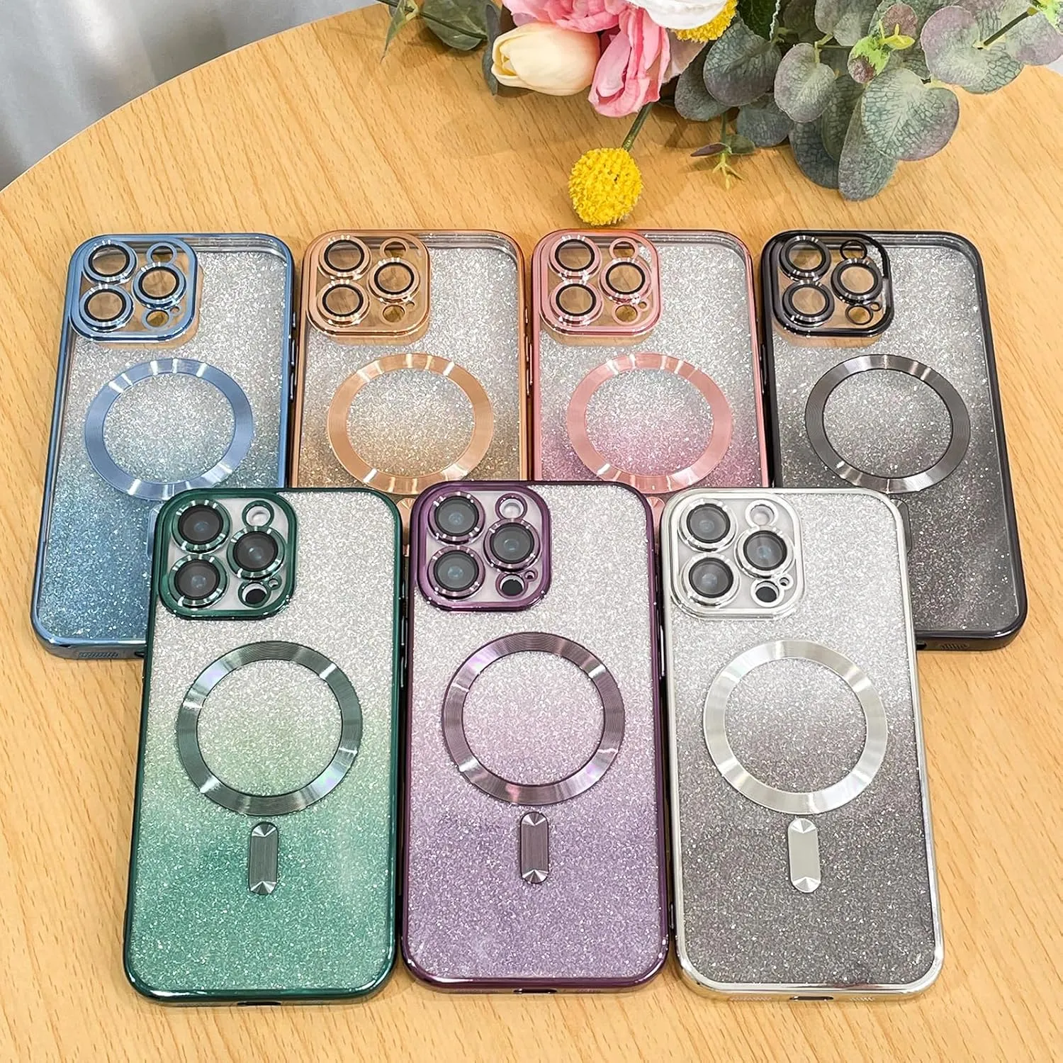 Case Fit for iPhone 16 Pro Max (Compatible with MagSafe) Glitter Bling Case with Camera Lens Protector Soft TPU Shockproof Protection Anti-Scratch Magnetic Phone Cover for Women - Gold