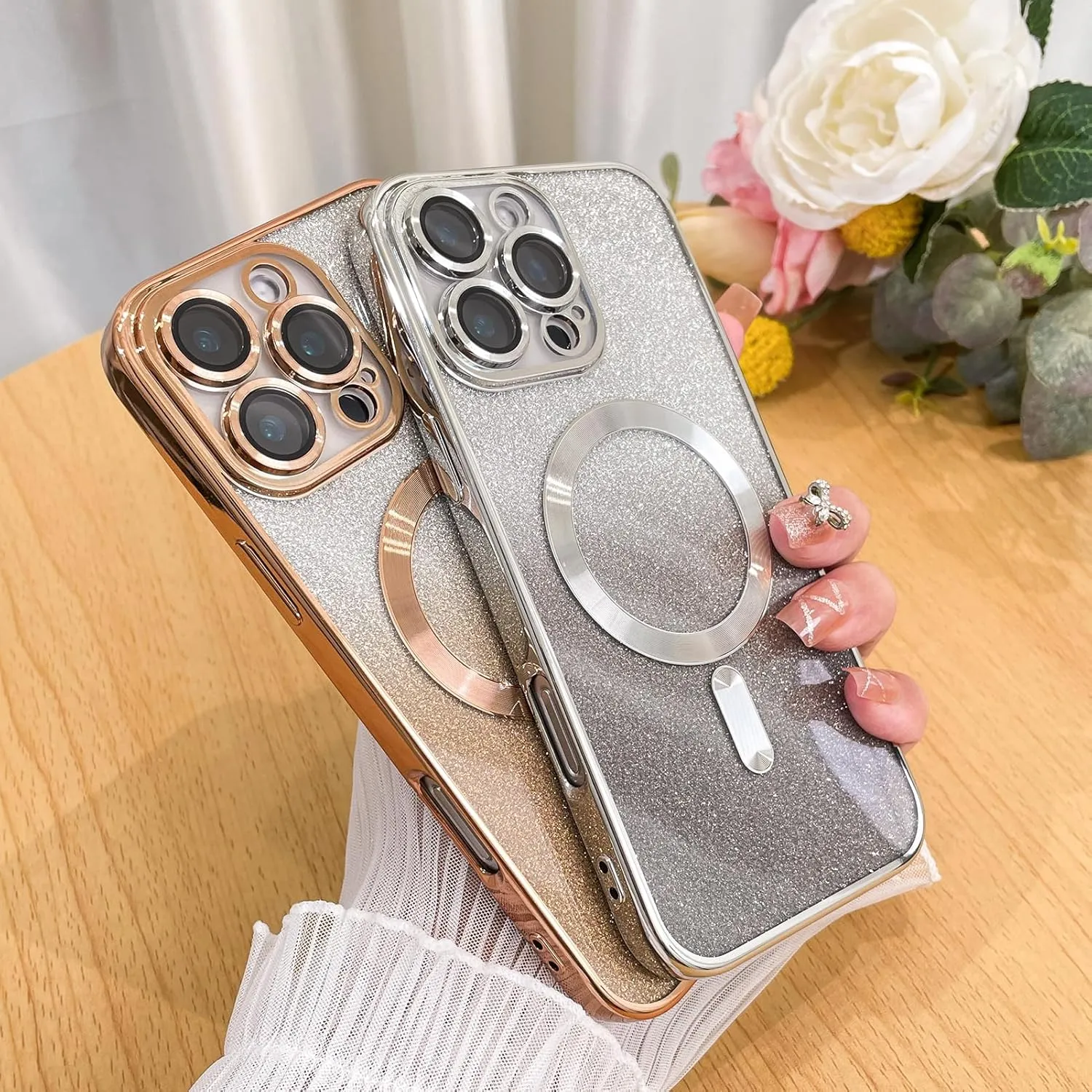 Case Fit for iPhone 16 Pro Max (Compatible with MagSafe) Glitter Bling Case with Camera Lens Protector Soft TPU Shockproof Protection Anti-Scratch Magnetic Phone Cover for Women - Gold