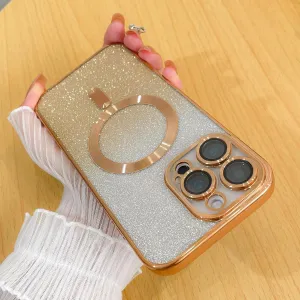 Case Fit for iPhone 16 Pro Max (Compatible with MagSafe) Glitter Bling Case with Camera Lens Protector Soft TPU Shockproof Protection Anti-Scratch Magnetic Phone Cover for Women - Gold