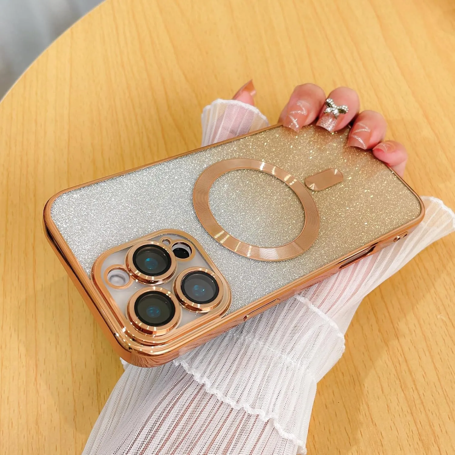 Case Fit for iPhone 16 Pro Max (Compatible with MagSafe) Glitter Bling Case with Camera Lens Protector Soft TPU Shockproof Protection Anti-Scratch Magnetic Phone Cover for Women - Gold