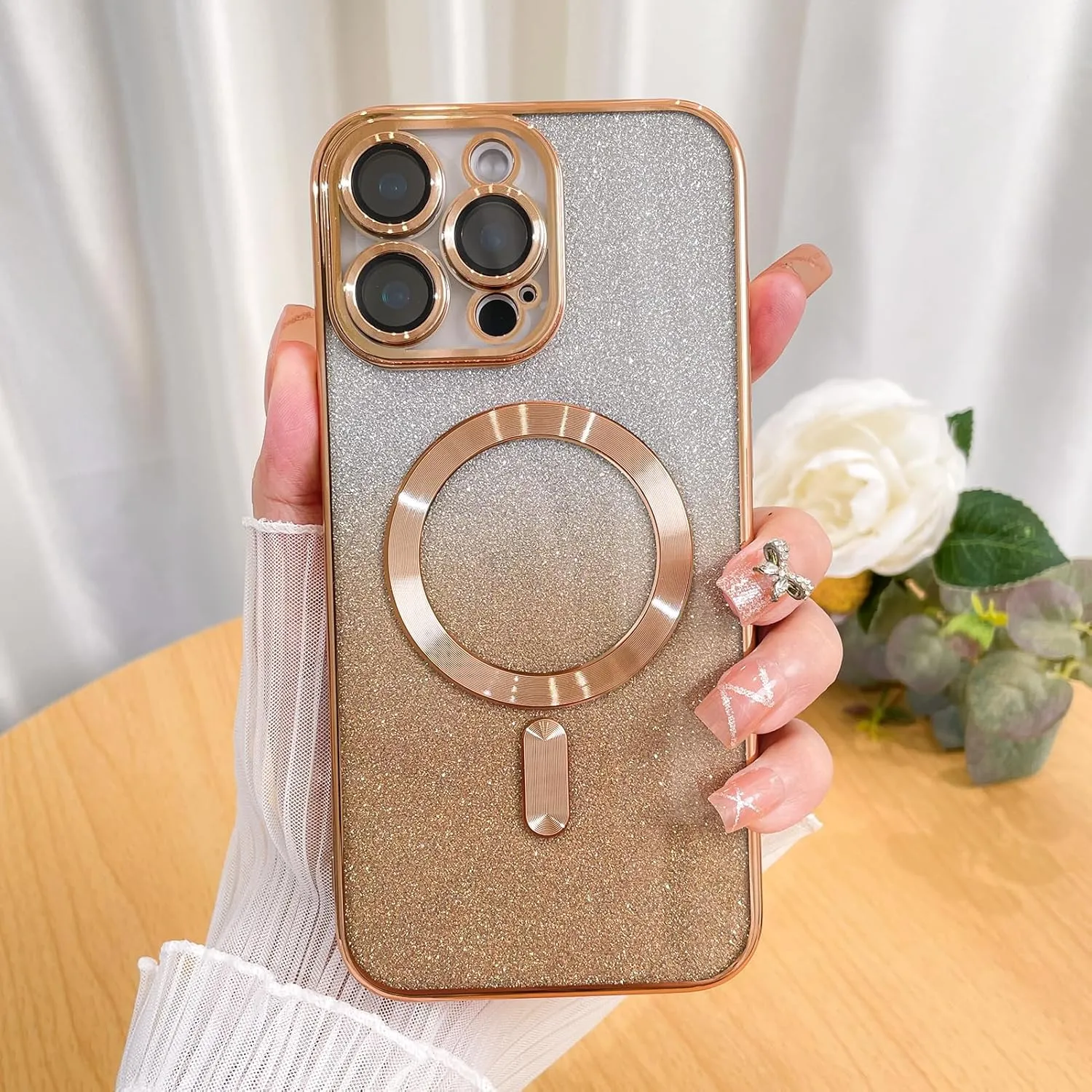 Case Fit for iPhone 16 Pro Max (Compatible with MagSafe) Glitter Bling Case with Camera Lens Protector Soft TPU Shockproof Protection Anti-Scratch Magnetic Phone Cover for Women - Gold