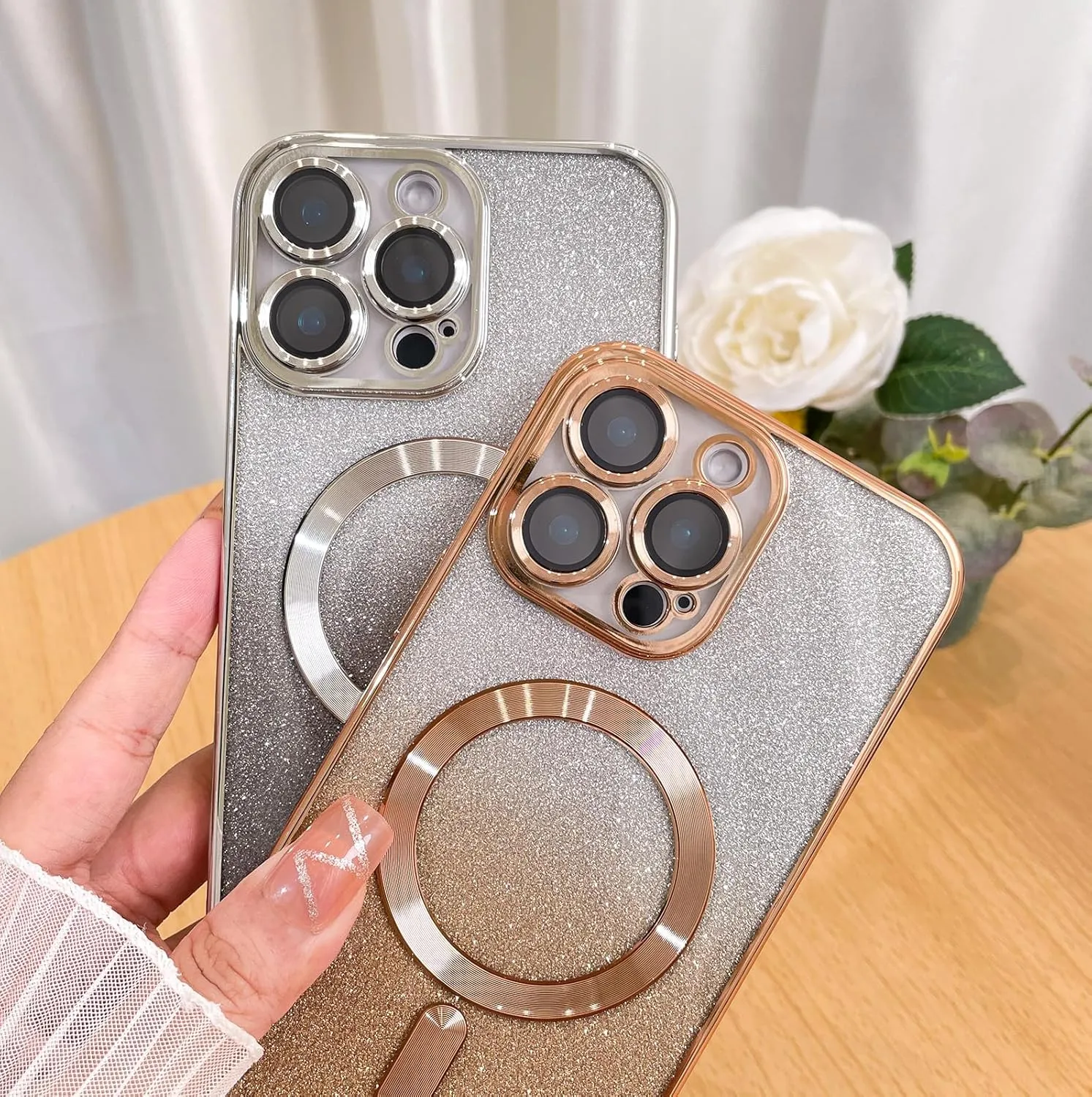 Case Fit for iPhone 16 Pro Max (Compatible with MagSafe) Glitter Bling Case with Camera Lens Protector Soft TPU Shockproof Protection Anti-Scratch Magnetic Phone Cover for Women - Gold