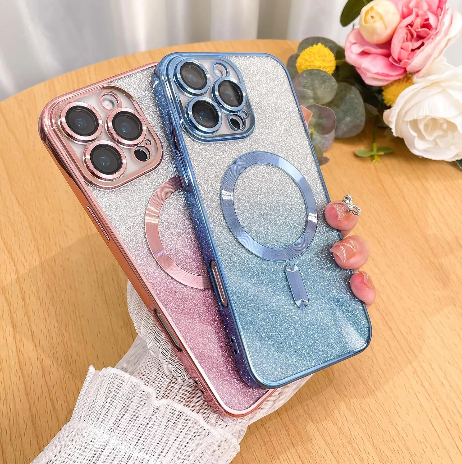 Case Fit for iPhone 16 Pro Max (Compatible with MagSafe) Glitter Bling Case with Camera Lens Protector Soft TPU Shockproof Protection Anti-Scratch Magnetic Phone Cover for Women - Pink