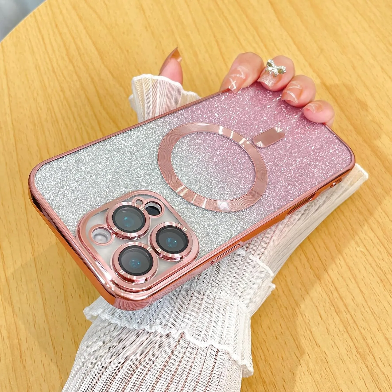 Case Fit for iPhone 16 Pro Max (Compatible with MagSafe) Glitter Bling Case with Camera Lens Protector Soft TPU Shockproof Protection Anti-Scratch Magnetic Phone Cover for Women - Pink