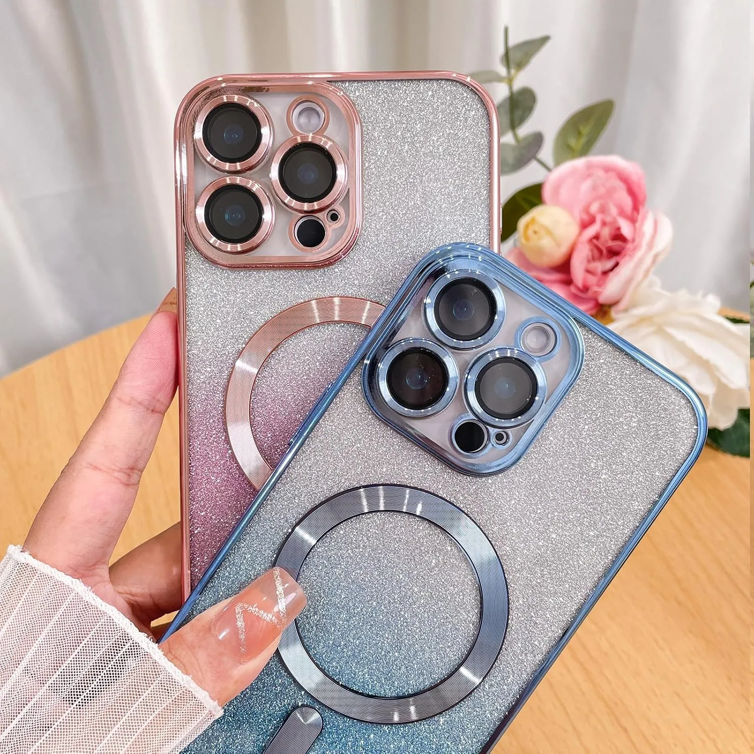 Case Fit for iPhone 16 Pro Max (Compatible with MagSafe) Glitter Bling Case with Camera Lens Protector Soft TPU Shockproof Protection Anti-Scratch Magnetic Phone Cover for Women - Pink