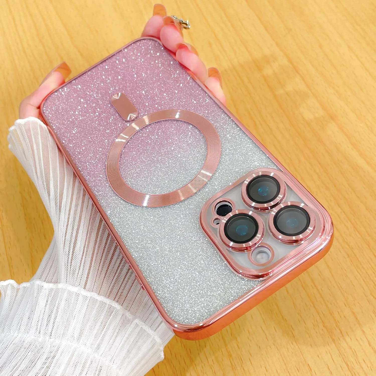 Case Fit for iPhone 16 Pro Max (Compatible with MagSafe) Glitter Bling Case with Camera Lens Protector Soft TPU Shockproof Protection Anti-Scratch Magnetic Phone Cover for Women - Pink