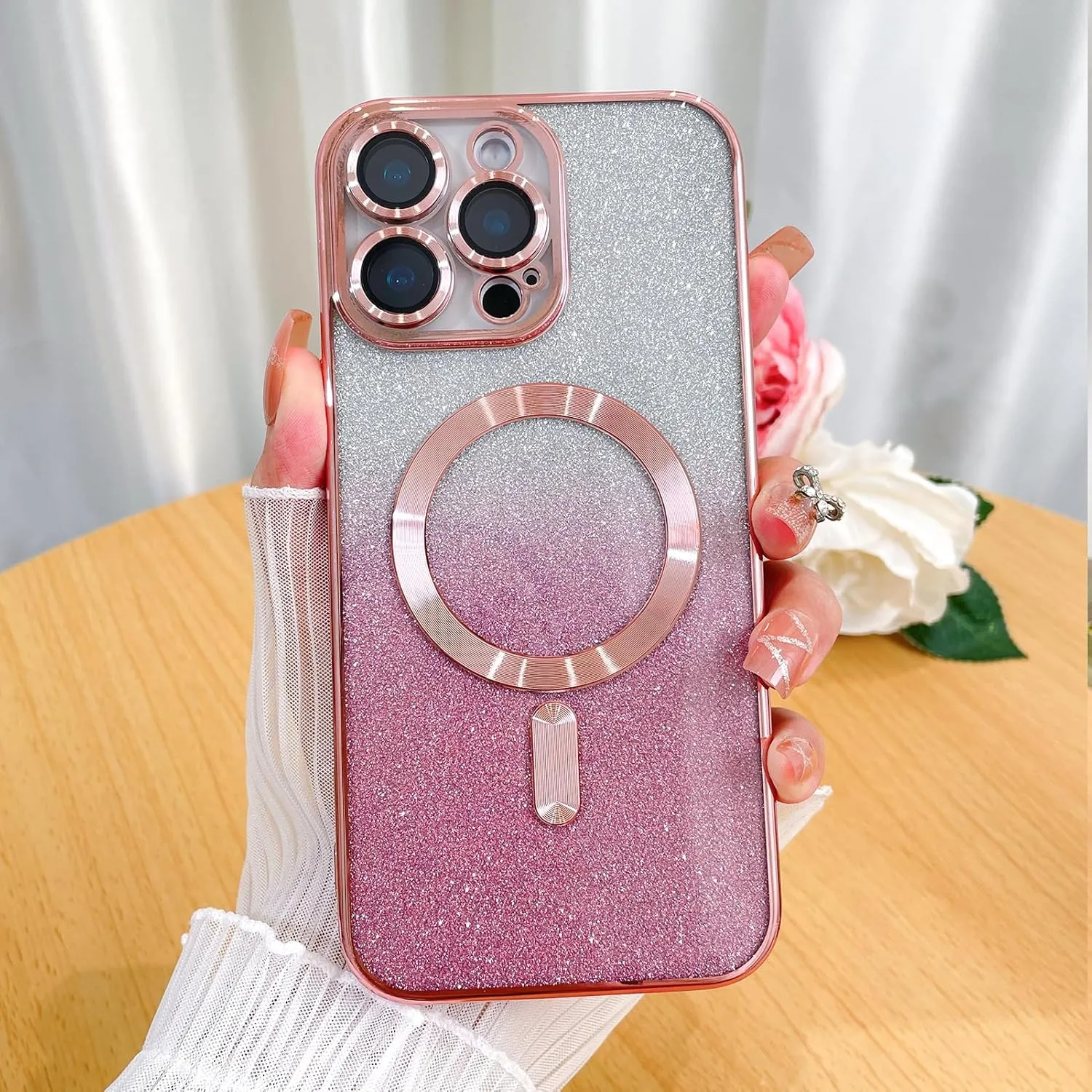 Case Fit for iPhone 16 Pro Max (Compatible with MagSafe) Glitter Bling Case with Camera Lens Protector Soft TPU Shockproof Protection Anti-Scratch Magnetic Phone Cover for Women - Pink